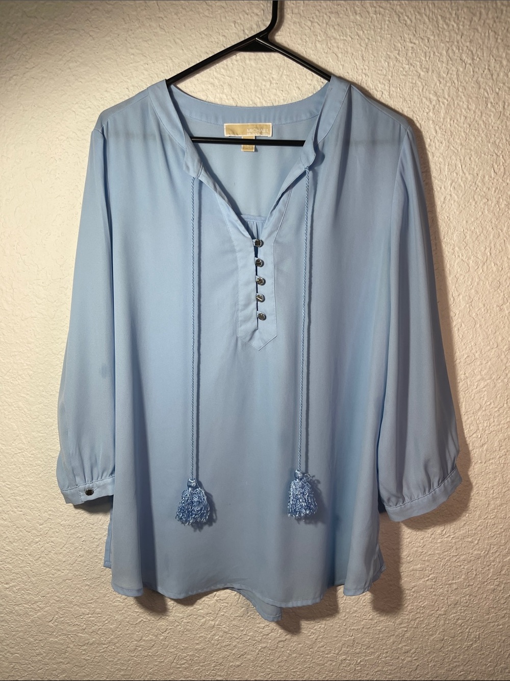 Micheal KorsLight Blue Tassel Tie V-Neck Blouse Size L